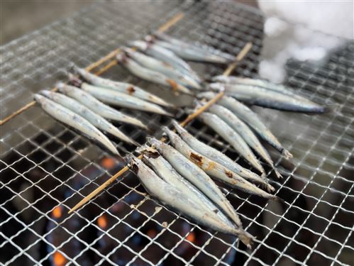 竹串に刺し塩を振り網で焼く